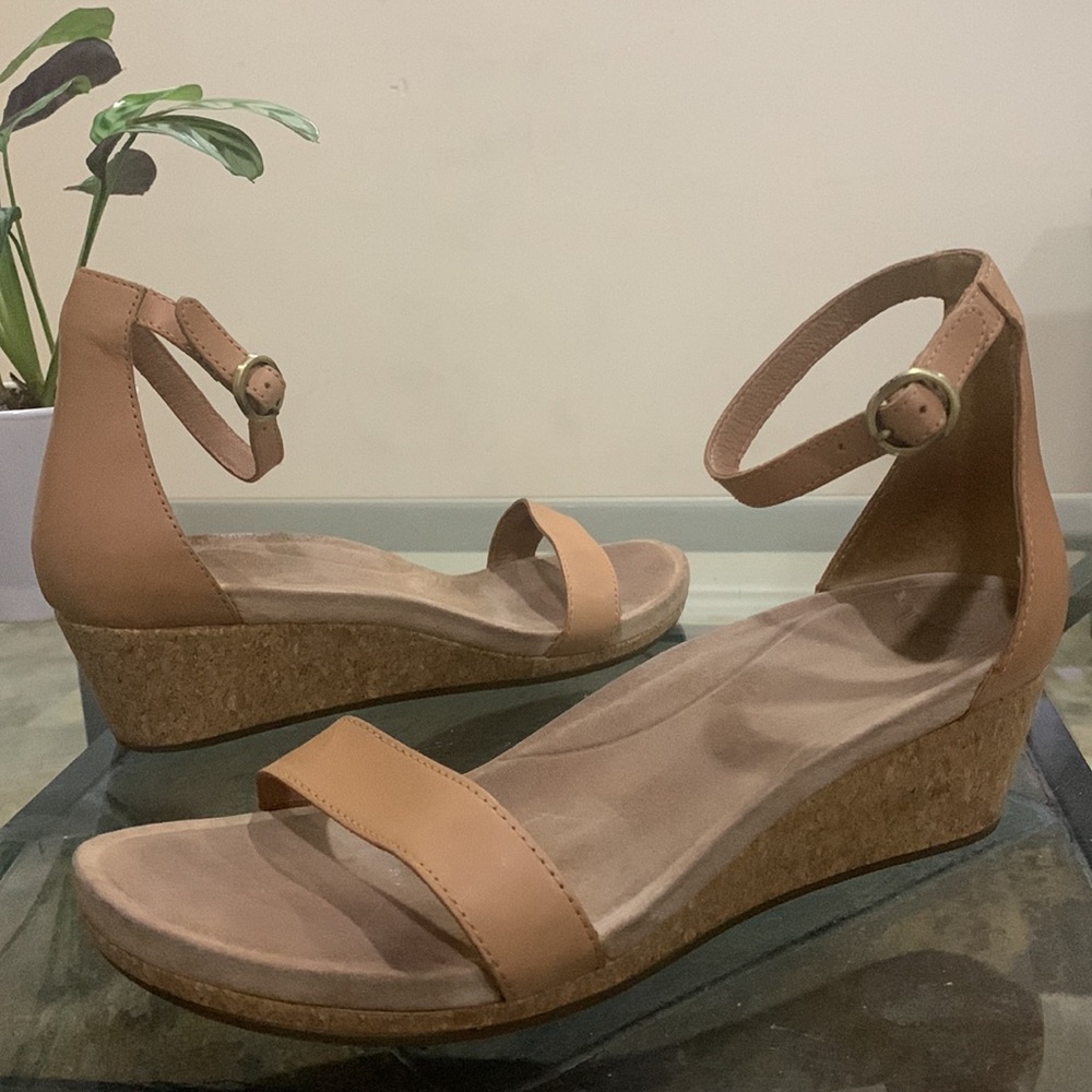 UGG ‘EMILIA’ LEATHER ANKLE STRAP CORK WEDGE SANDALS